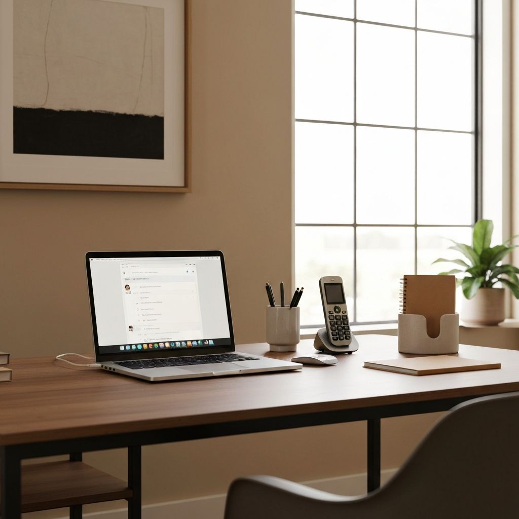 Рабочий стол с компьютером и телефоном для связи