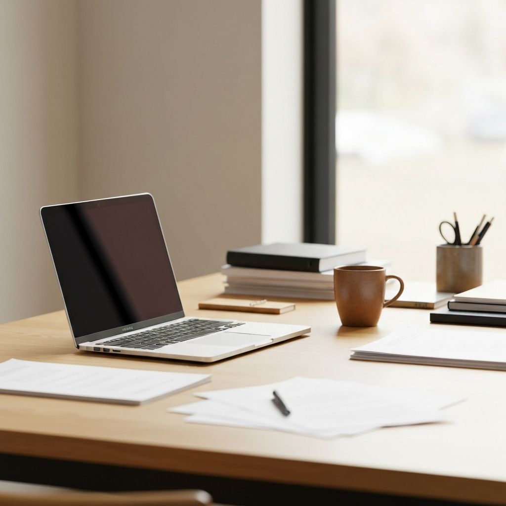 Организованный офисный стол с ноутбуком и документами