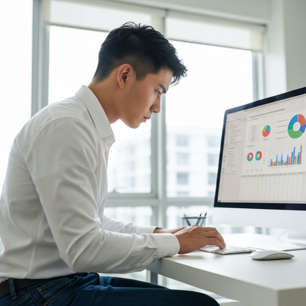 Человек работает с документом за компьютером в офисе